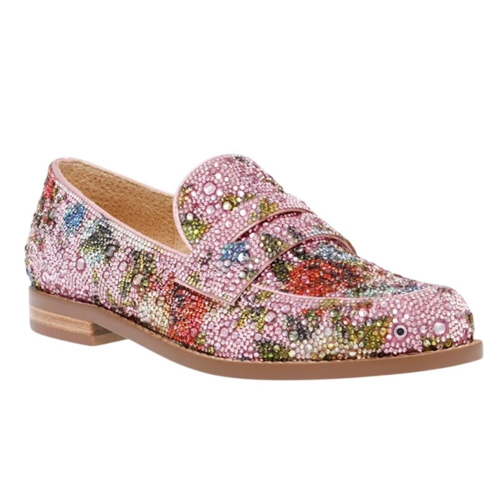 Betsey Johnson Aron Loafers Women 10 Pink Multi Rhinestone Floral Penny Slip On